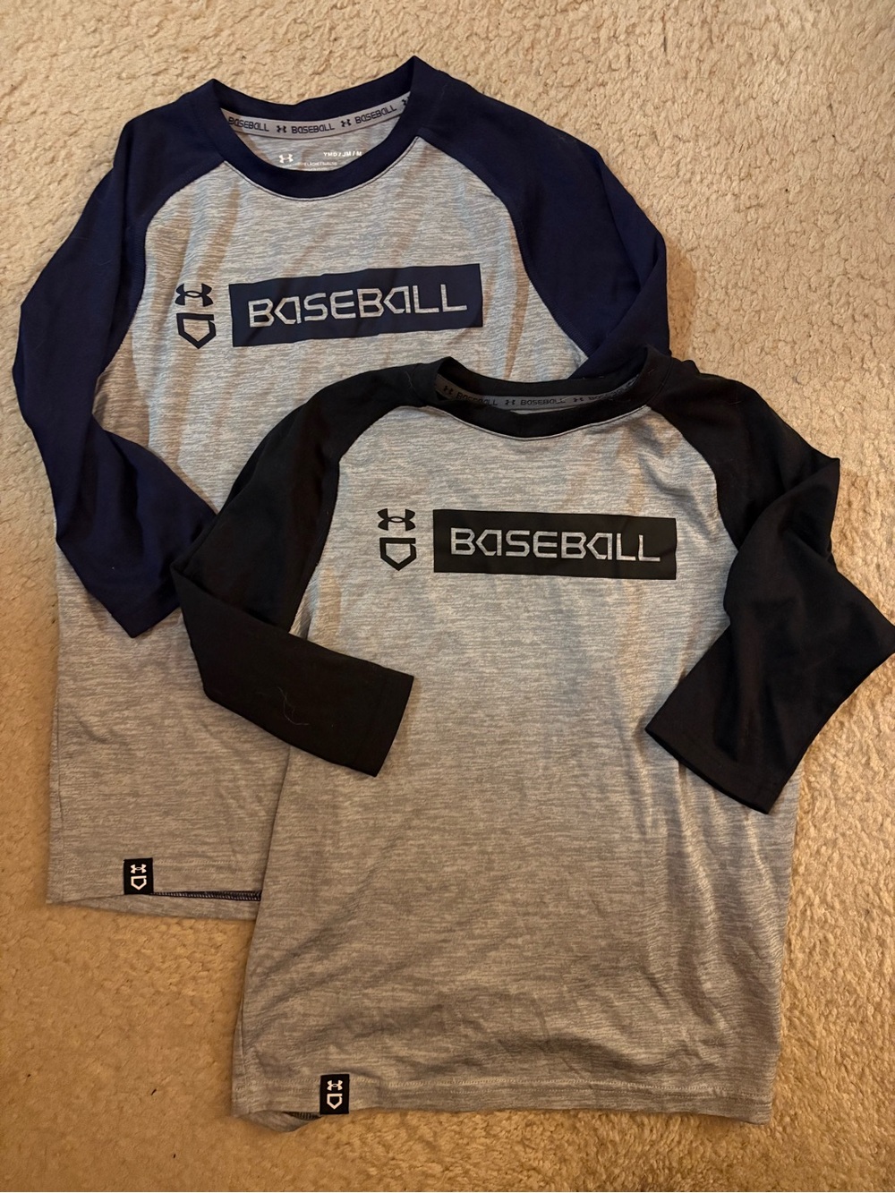 Two Under Armour Boys' Baseball Raglan Tees with Navy & Black Sleeves